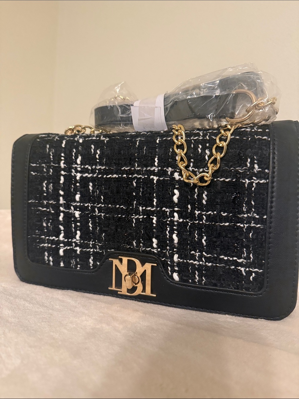 Badgley Mischka Black and White Tweed Crossbody with Gold Hardware